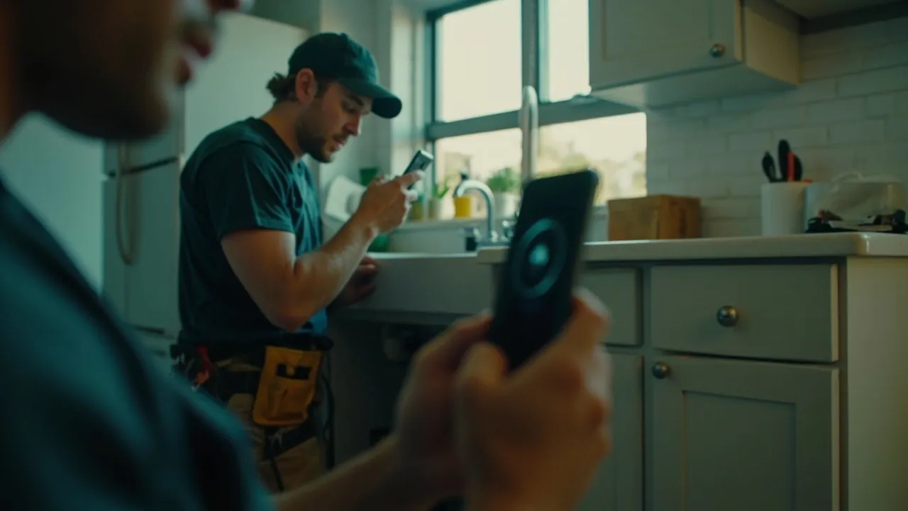 A service technician working while a nearby smartphone receives an unanswered call