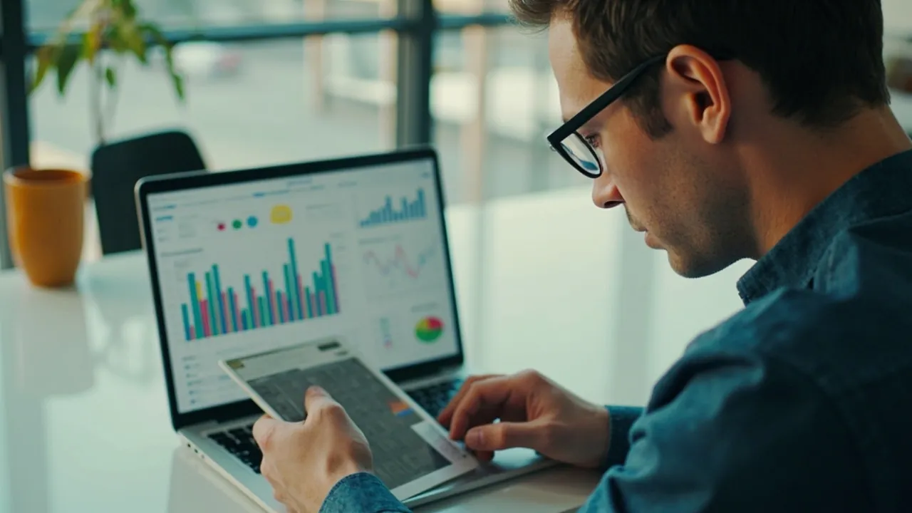 A business owner reviewing abstract call charts and a calculator at a desk