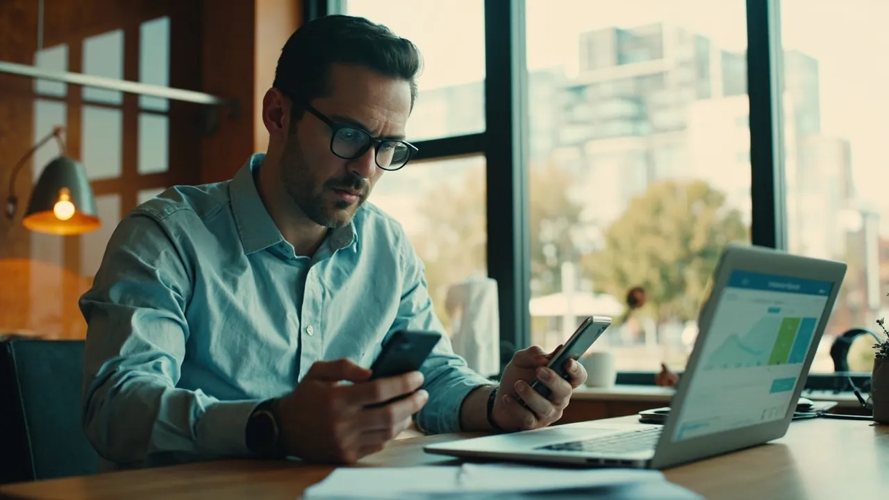 A small business owner reviewing call activity and return on investment at a desk