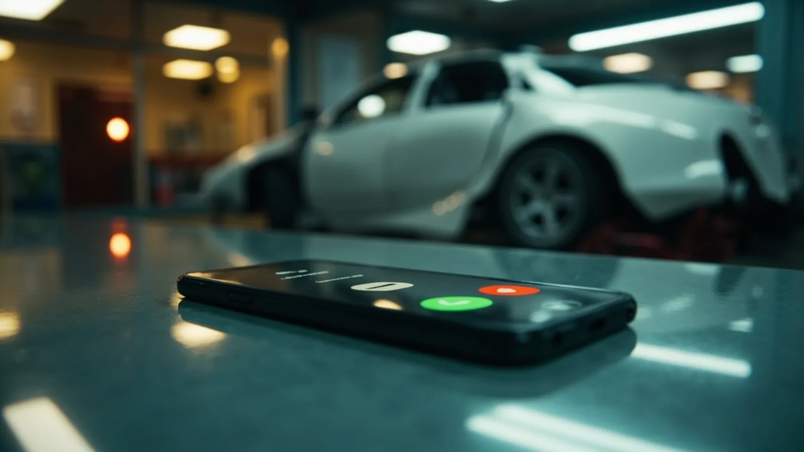 A smartphone on a body shop front-office counter showing a missed call from an insurance company, with a late-model sedan in the shop bay visible through the office window