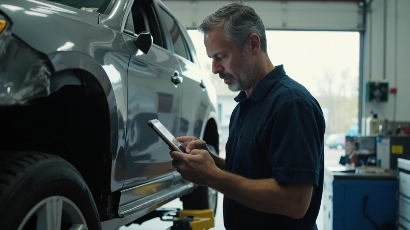 A skilled body shop estimator in his 40s in a clean navy work shirt reviewing tablet photos of a damaged vehicle on a lift, with collision repair tools visible in the background