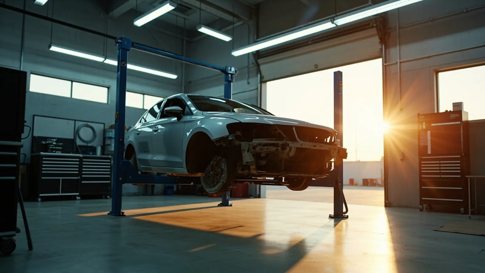 A modern auto body collision repair shop interior with a late-model silver sedan on a two-post lift, front bumper removed, organized tool wall, golden hour light through the open bay door