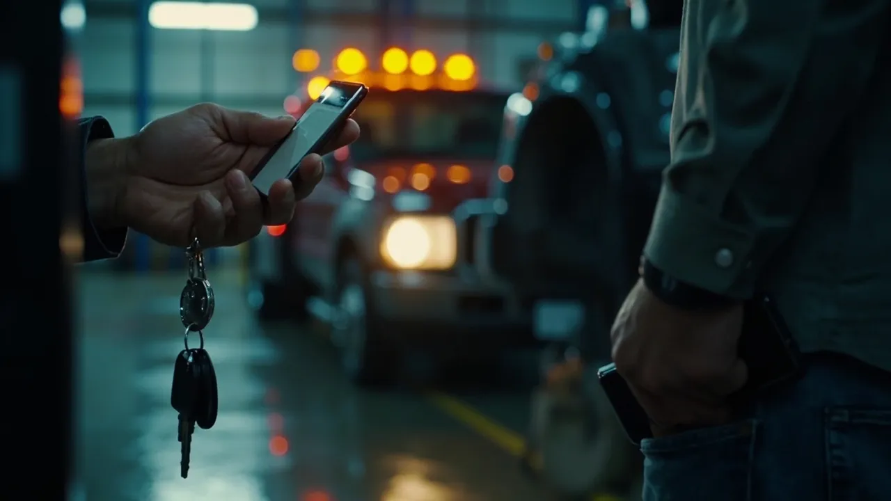 A customer holding vehicle keys and a phone as a tow truck waits inside an auto repair facility