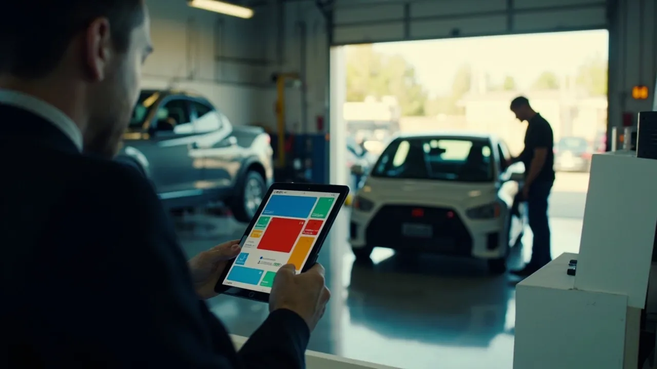 A service advisor reviewing a color-coded intake on a tablet while a mechanic inspects a car in the shop