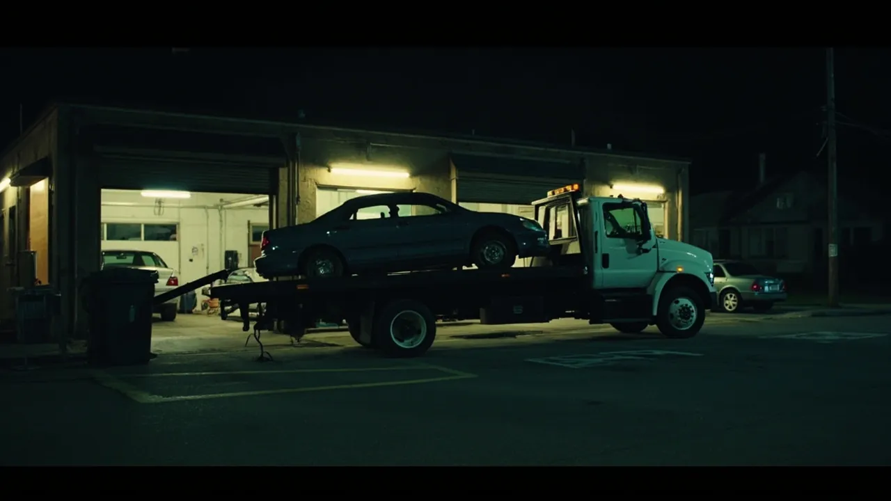 A flatbed tow truck delivering a disabled sedan to an auto repair shop after dark