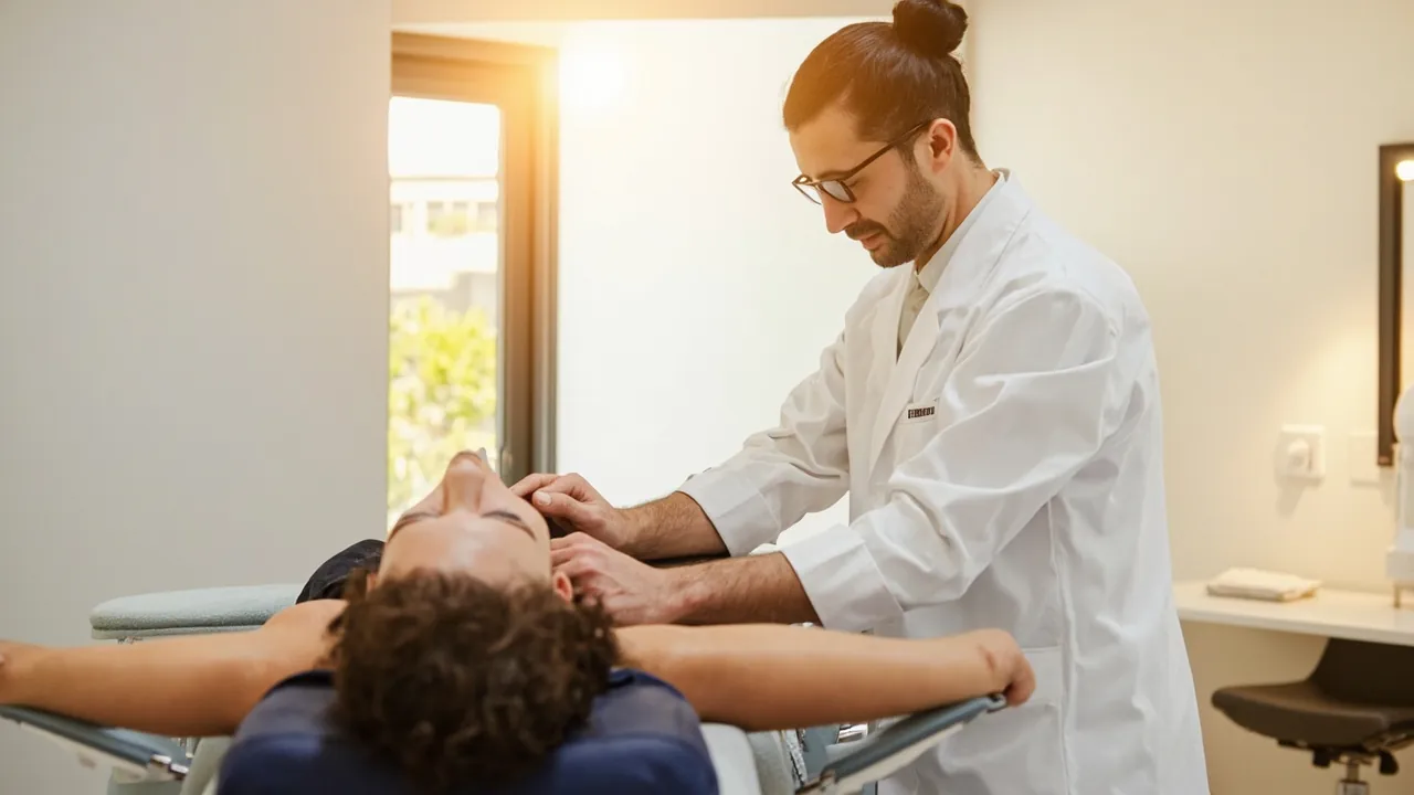 A chiropractor working with a patient on a treatment table in a bright clean clinic room, hands-on adjustment therapy