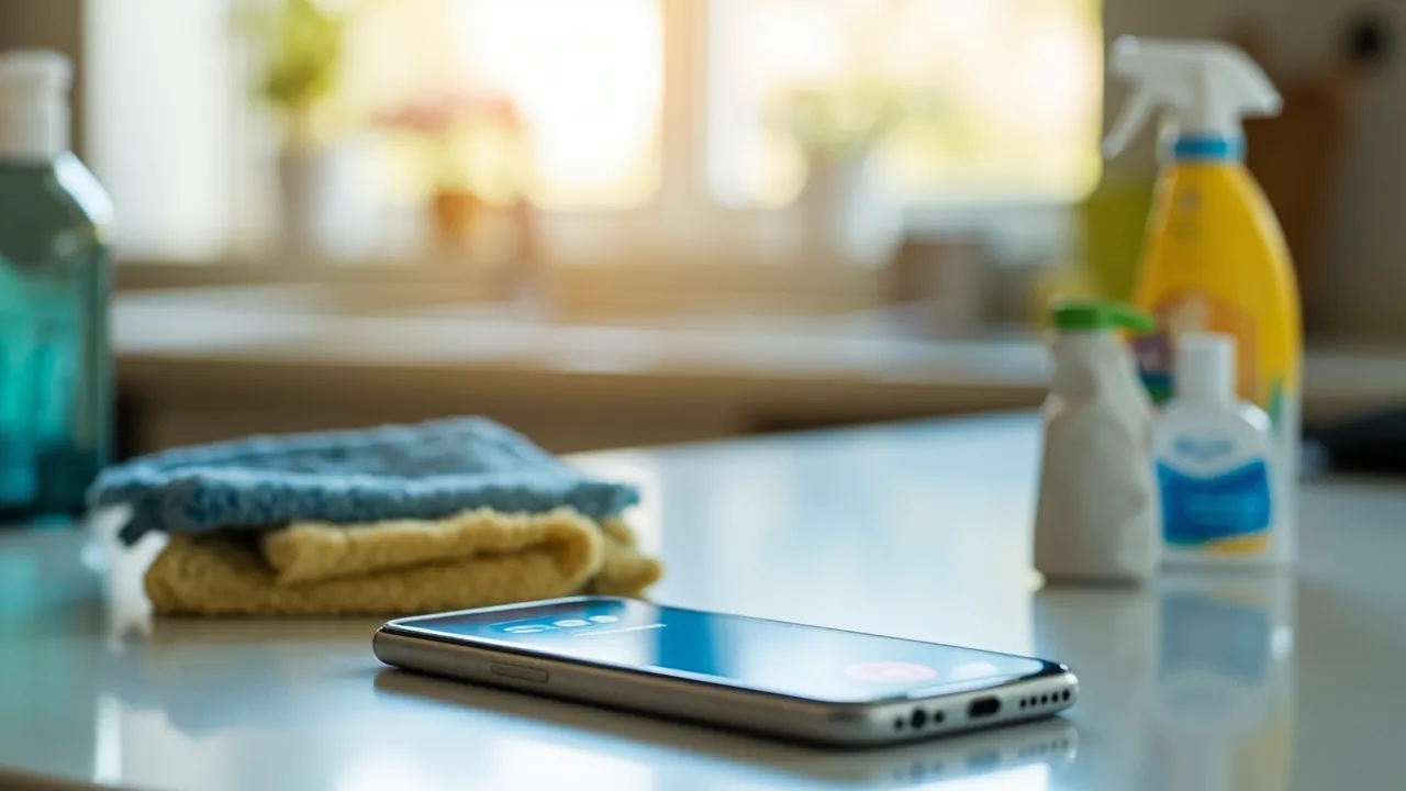 A smartphone on a kitchen counter showing a missed call notification, cleaning supplies and microfiber cloths nearby