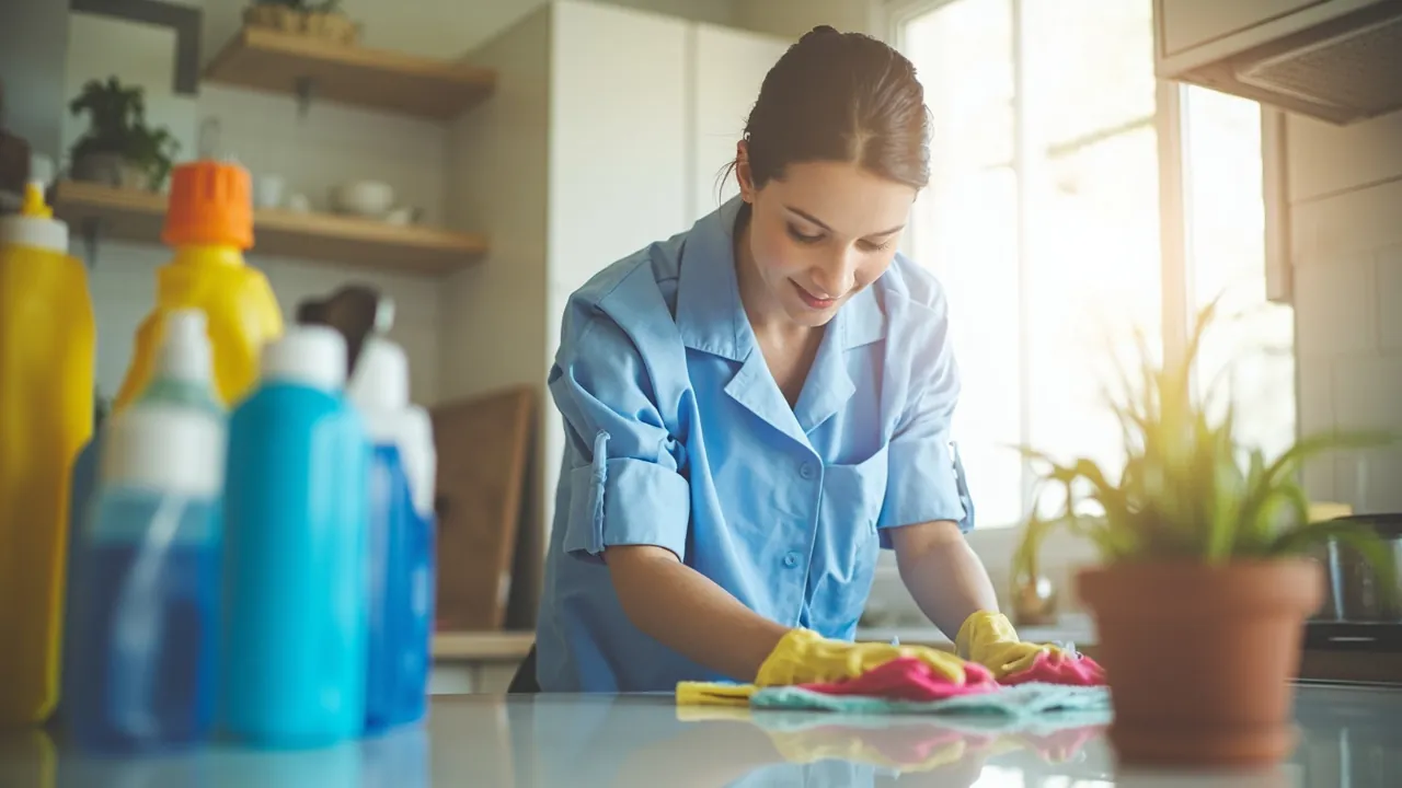 A cleaning professional in a blue uniform wiping down a kitchen countertop with professional cleaning supplies