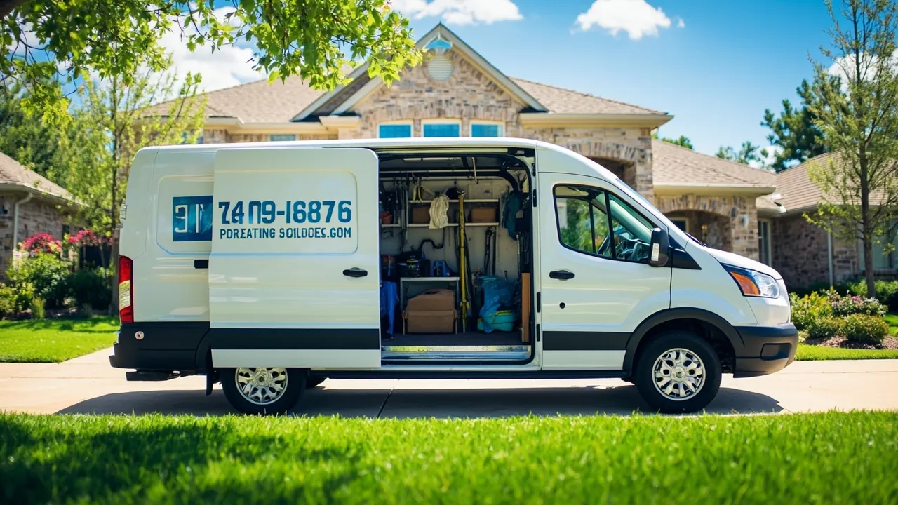 A professional cleaning service van parked in the driveway of a suburban Texas home on a bright spring morning