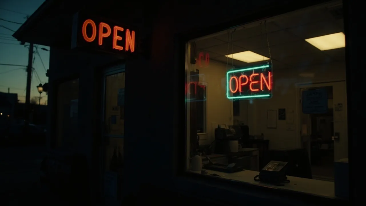A small business storefront at dusk with the OPEN sign turned off, warm interior lights glowing through the window