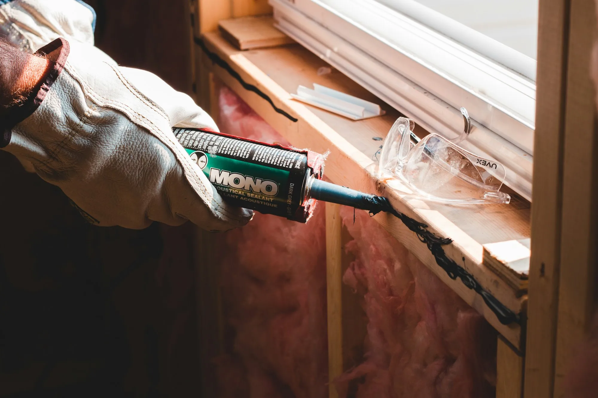 A contractor's gloved hands applying sealant along a window frame during a renovation, with wood studs and insulation visible in the wall cavity
