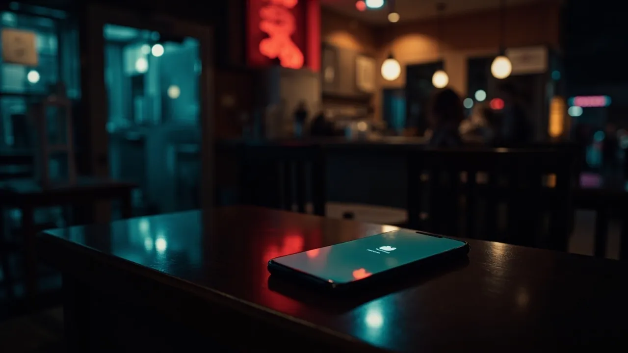 A smartphone on a dark restaurant counter at night showing a missed call notification glowing on the lock screen, the business is closed