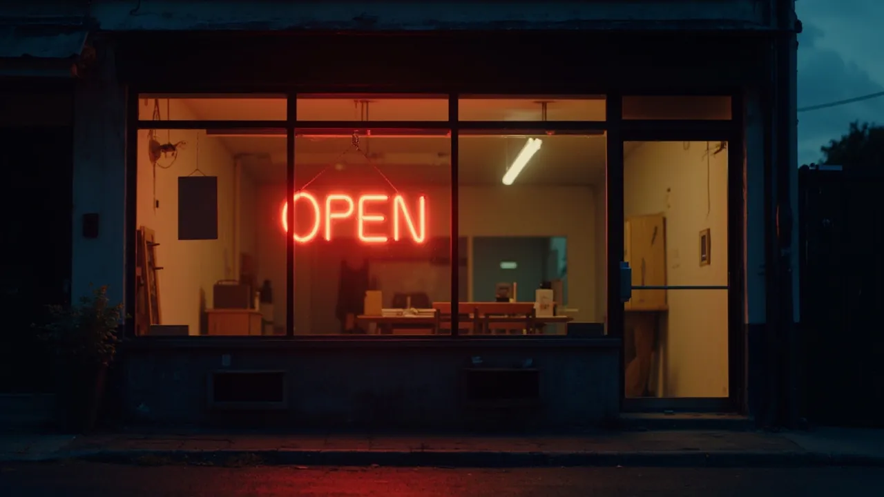 A small business storefront at dusk with the Open sign turned off, warm interior lights fading, a phone visible through the window