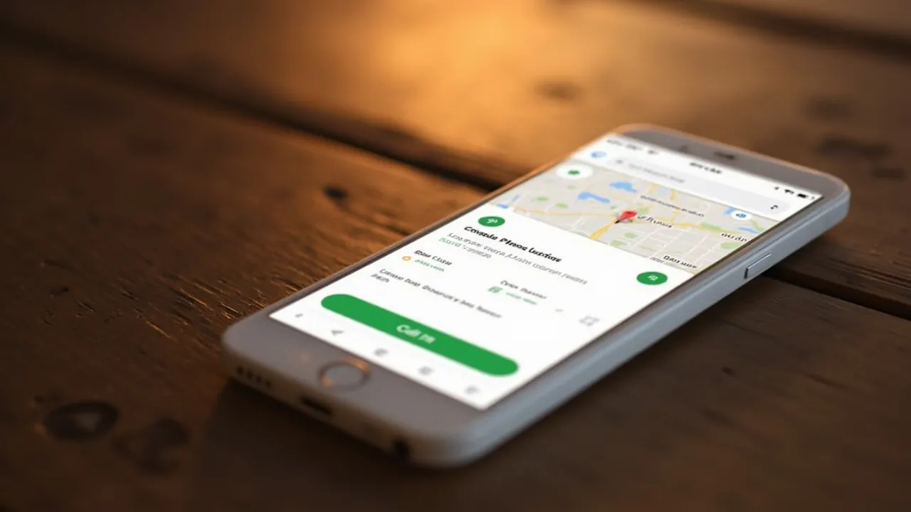 A smartphone screen displaying a Google search result for a local business with a prominent green Call button, glowing in evening light on a wooden desk