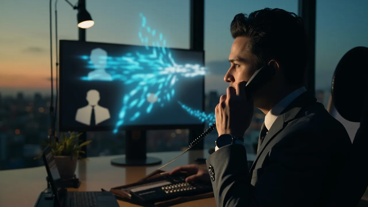 A business manager taking over a phone call while a screen shows an abstract transfer between profiles