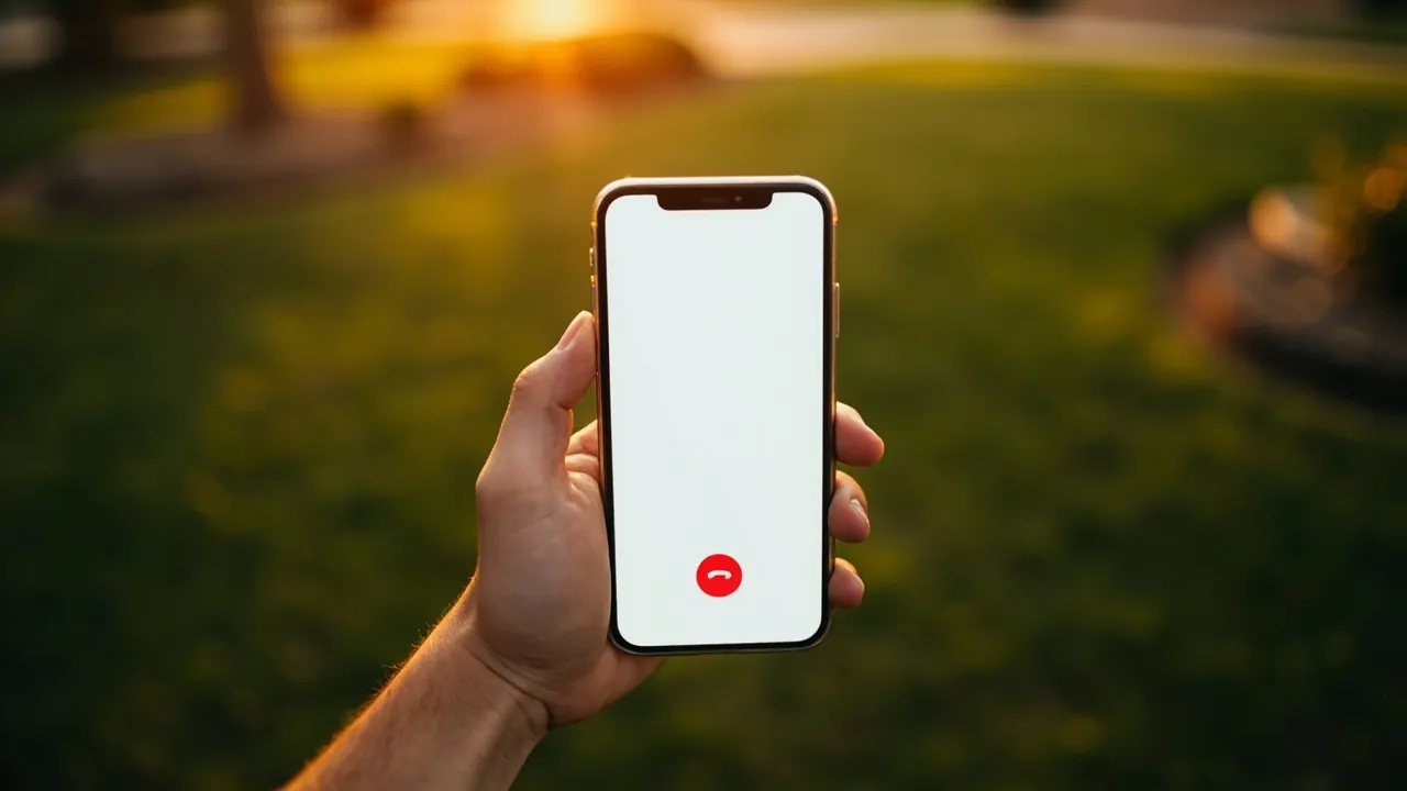 A hand holding a smartphone with a red call-end icon visible on the screen, soft green lawn and landscaping visible as bokeh in the background at golden hour
