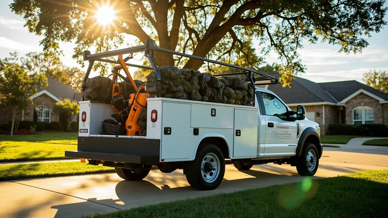 A white landscaping service truck parked in the driveway of a suburban Texas home under mature oak trees