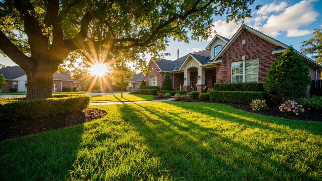 A beautifully landscaped suburban Texas front yard at golden hour in summer, lush green lawn edged with fresh dark mulch, trimmed hedges, and a mature oak tree