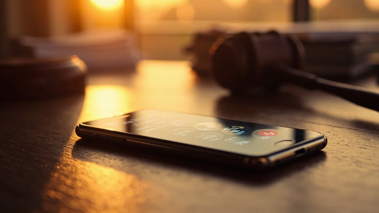 A smartphone on a conference table showing missed call notifications, legal documents in soft focus in the background