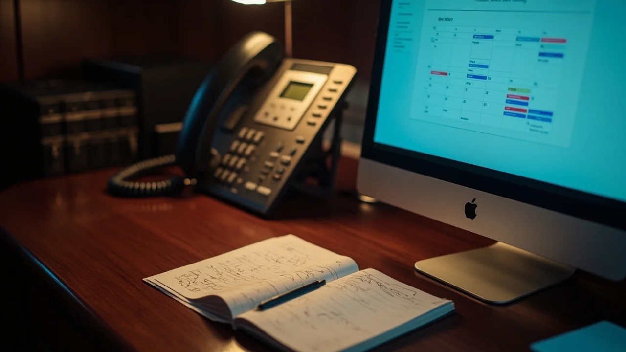 A legal intake desk with a phone, notepad, and computer showing a calendar booking interface
