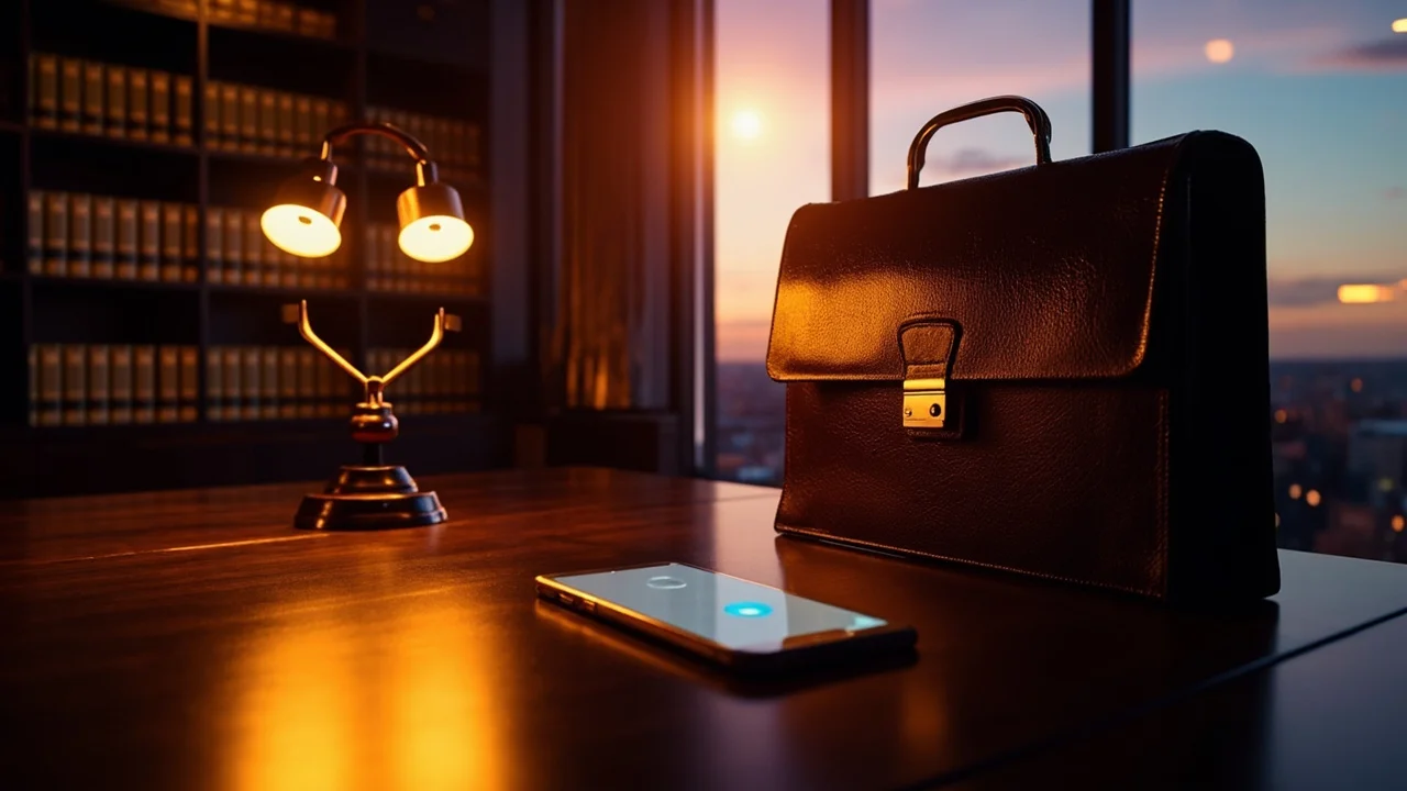 A modern law firm office at dusk with a warm desk lamp, leather briefcase, and smartphone showing an incoming call