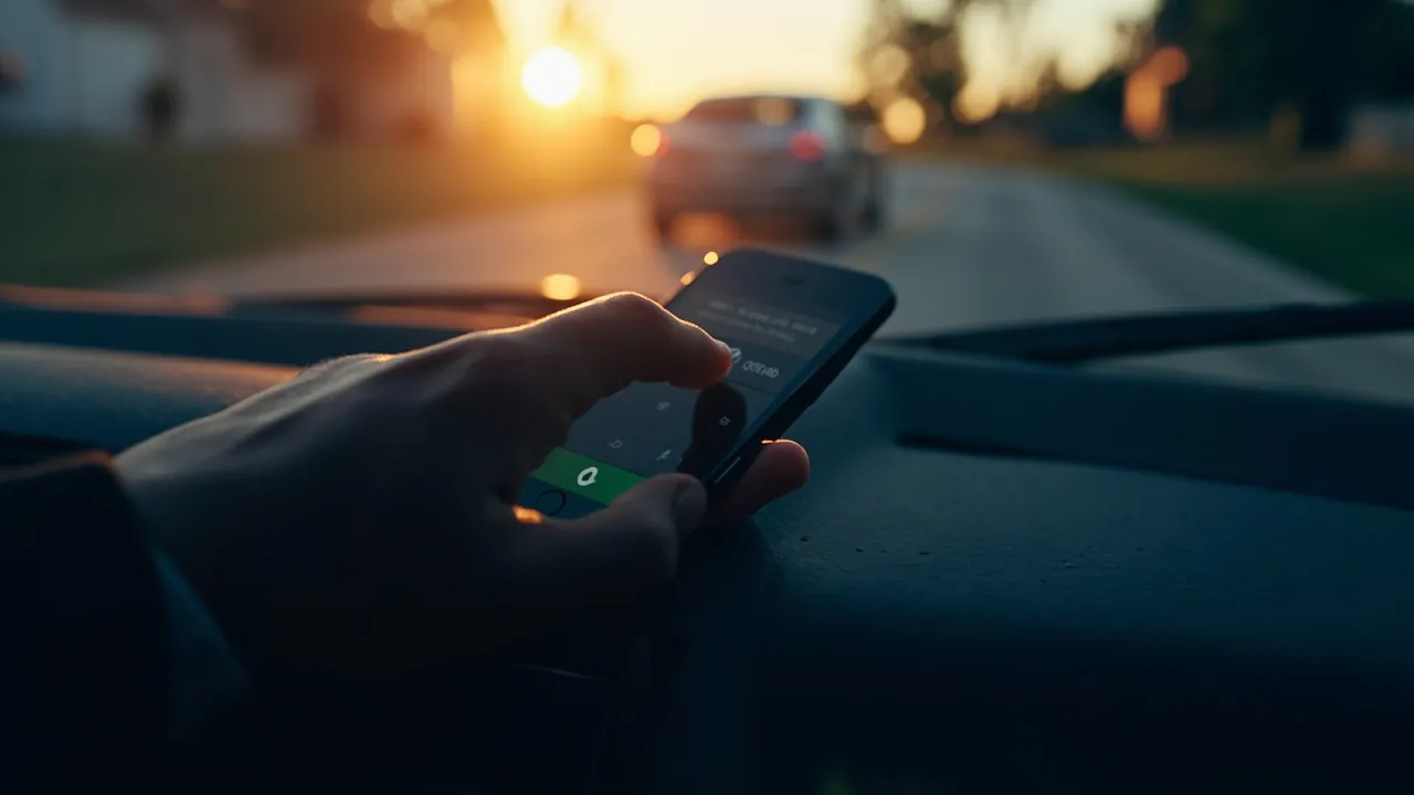 A smartphone resting on a car dashboard at sunrise with a missed call notification glowing on the screen
