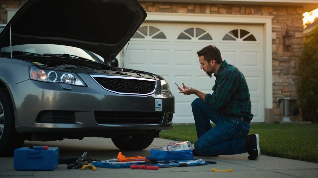 A mobile mechanic kneeling in a residential driveway diagnosing a car with the hood open, tools spread out on the ground