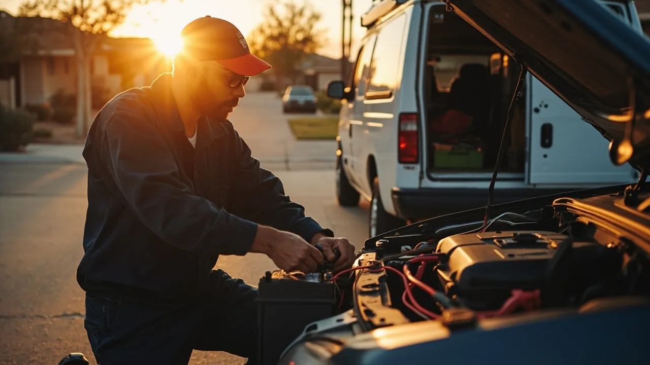 A mobile mechanic in dark work coveralls working under the hood of a car at golden hour, with a white service van parked behind in a suburban Phoenix driveway