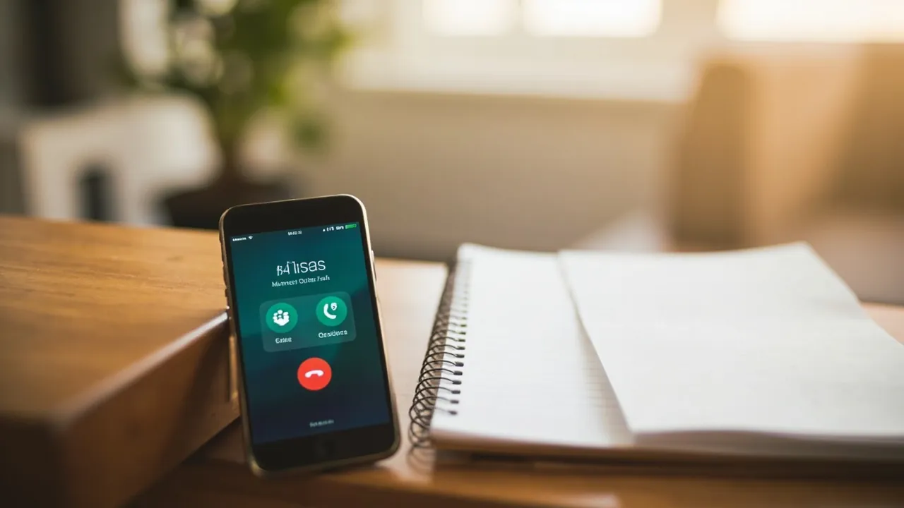 A smartphone on a wooden reception counter showing missed call notifications next to an open appointment book