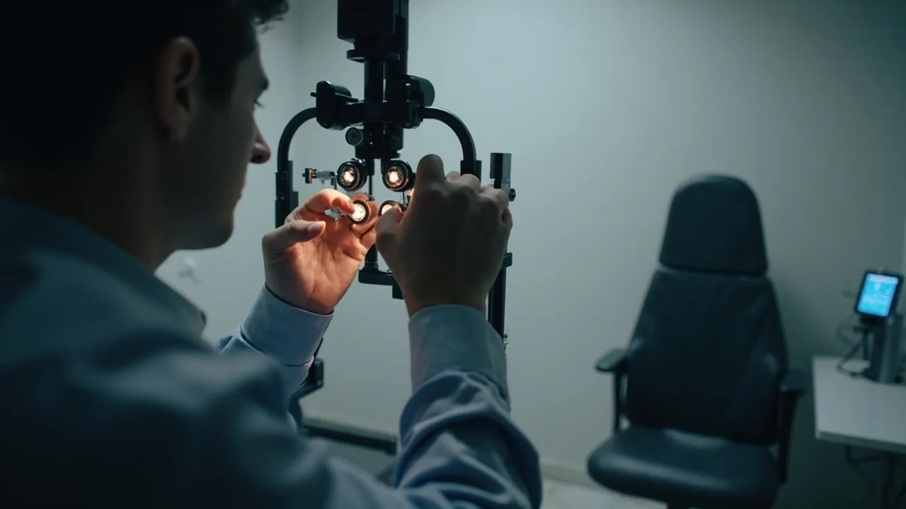 Close-up of an optometrist exam room phoropter machine with the doctor adjusting lenses