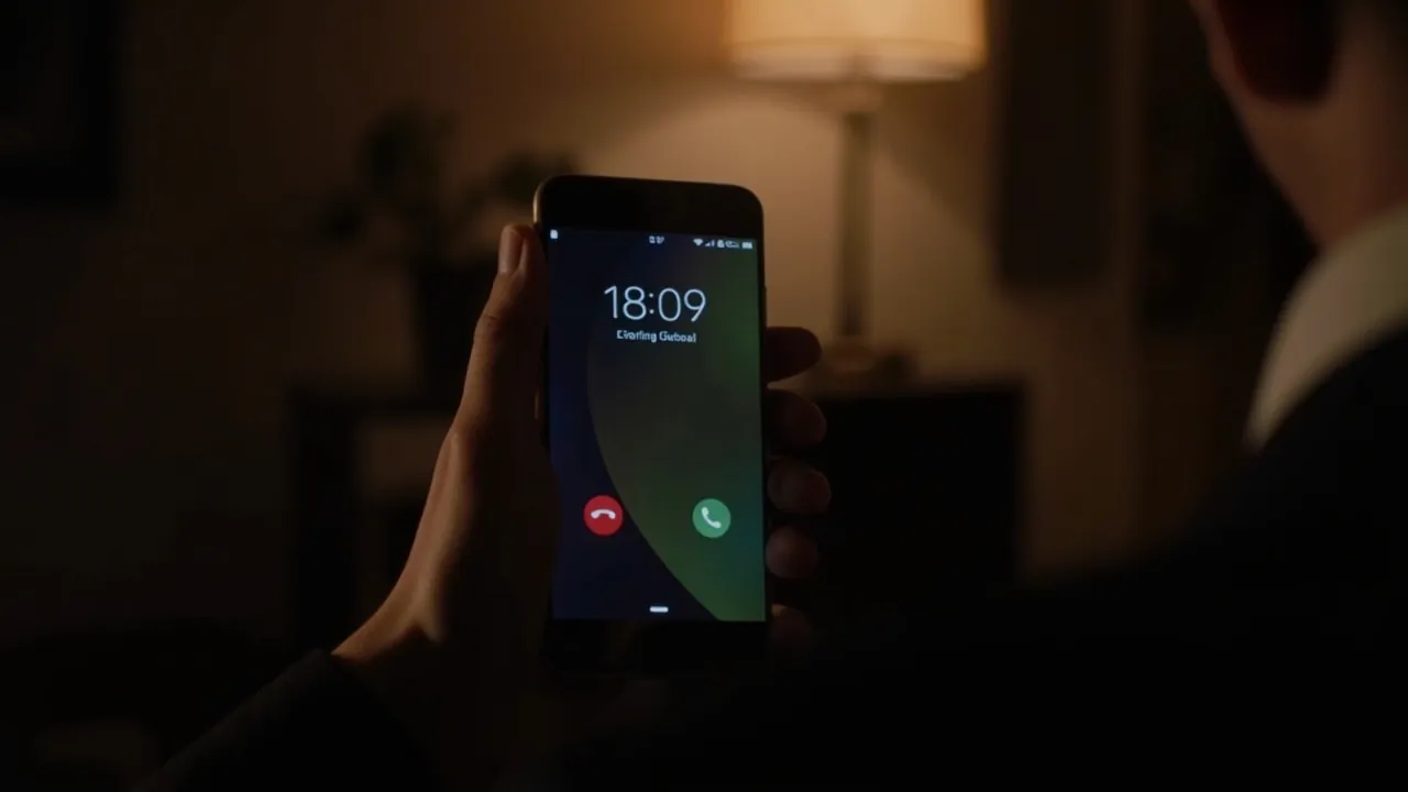 A hand holding a smartphone in a dimly lit living room showing an incoming call from an unknown number on the lock screen at 11 PM