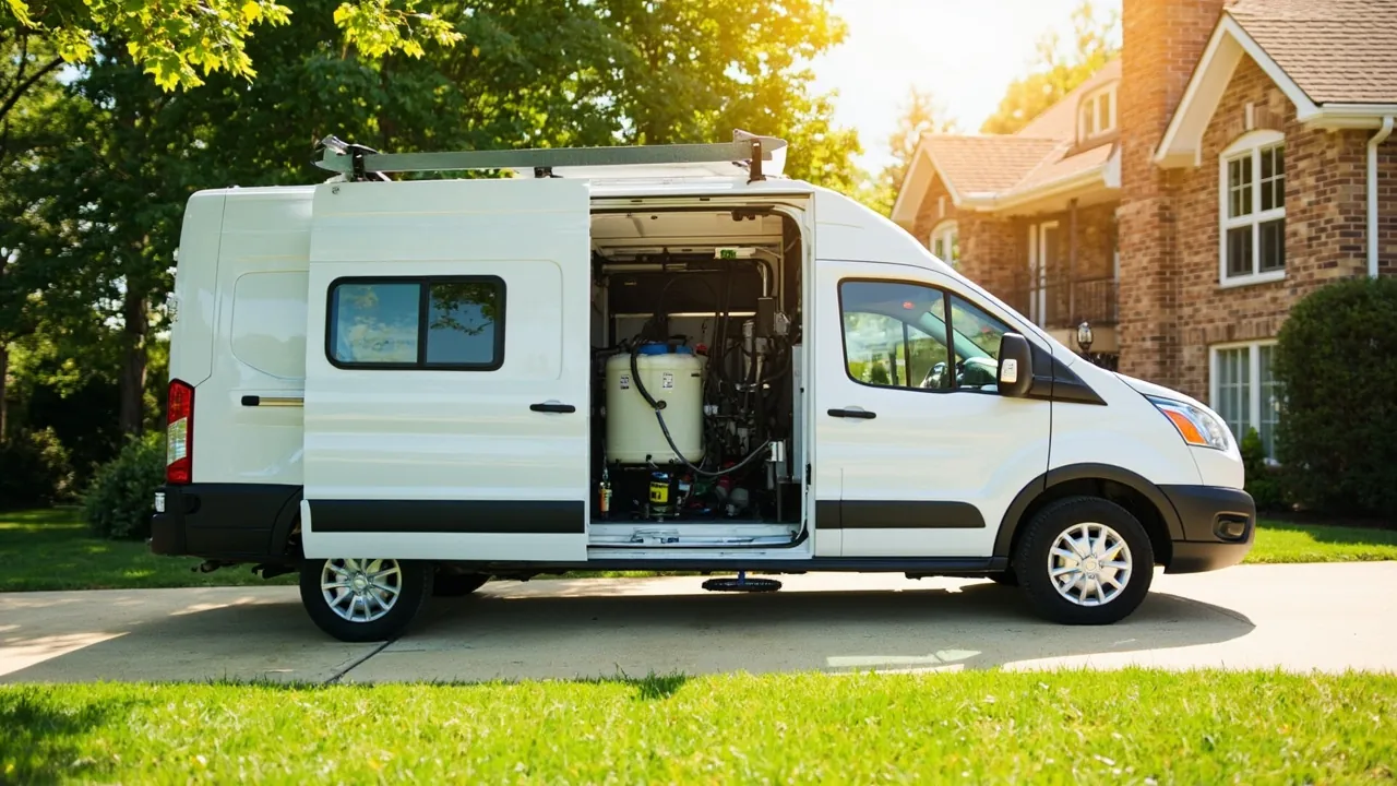 A white pest control service van parked in the driveway of a suburban Texas home with organized equipment visible inside