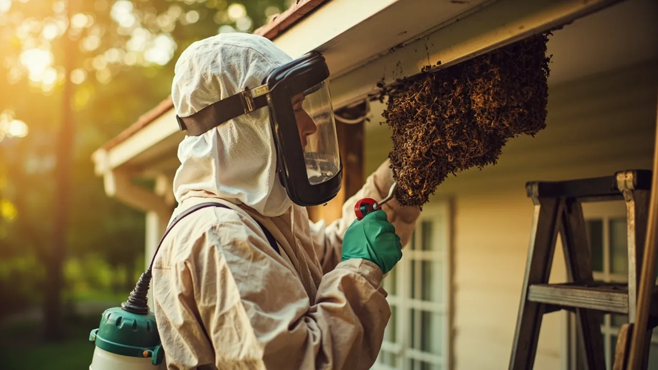 A pest control technician in protective gear treating a yellow jacket wasp nest under the eave of a suburban Texas home on a summer afternoon
