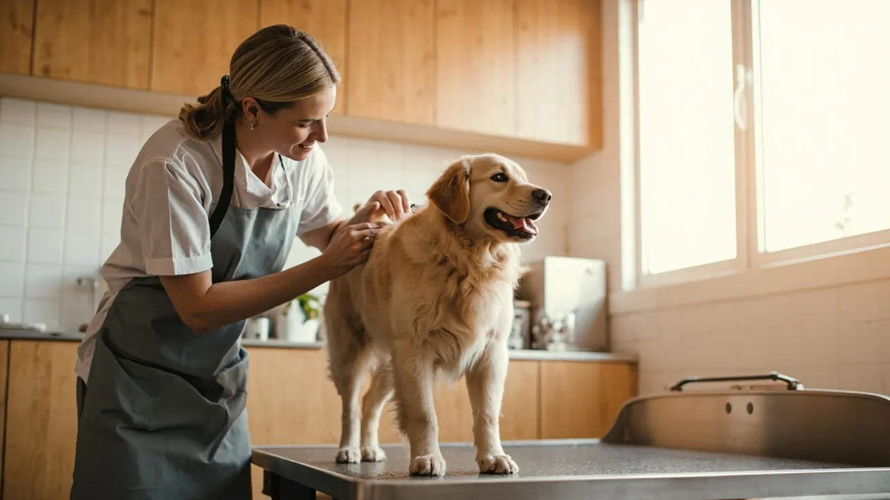 A friendly dog groomer at a bright salon station brushing a golden retriever on a stainless steel grooming table