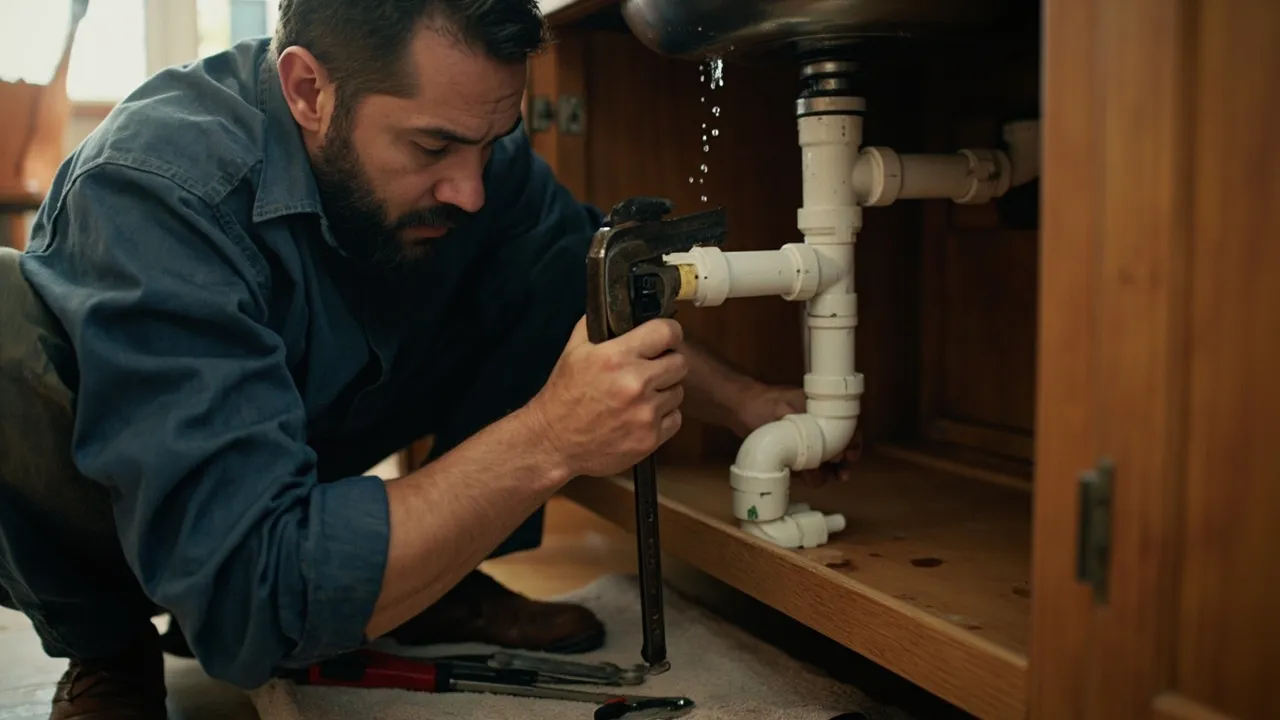 A skilled plumber crouched under a kitchen sink tightening a PVC drain pipe with a pipe wrench