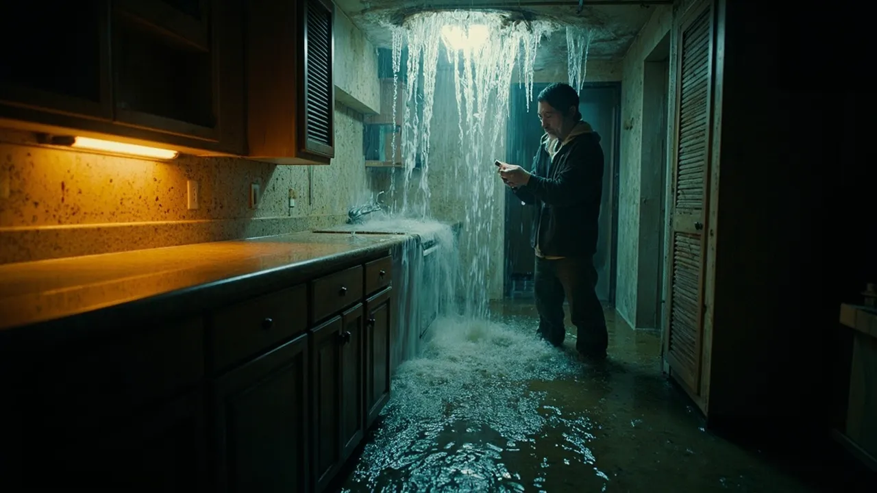 A homeowner in ankle-deep water at 2 AM in a Texas kitchen, water pouring from a burst pipe in the ceiling