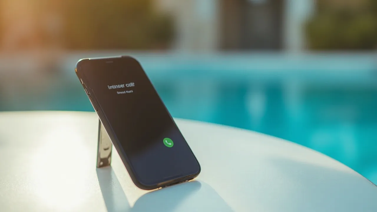 A residential backyard swimming pool with a humming pool pump and filter equipment running at the side, late afternoon golden hour light, no text no logos