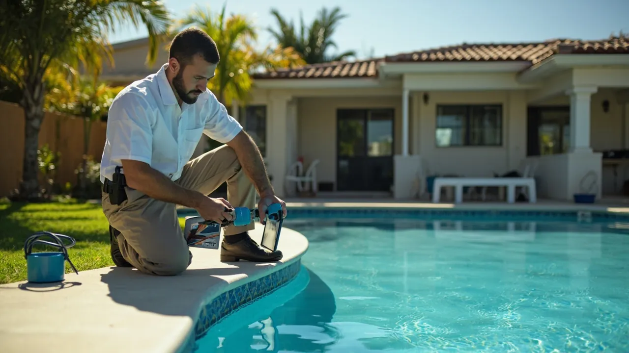 A pool service technician in a clean uniform kneeling at a backyard pool equipment pad checking water chemistry with a test kit, mid-summer bright sunlight