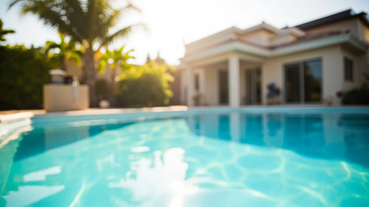A sunlit residential backyard swimming pool with turquoise water and pool equipment pad in the side yard