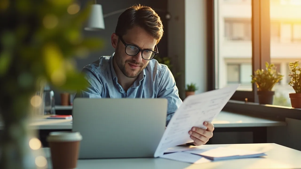 A property manager at a modern desk reviewing tenant call notes on a laptop and printed work orders in evening light