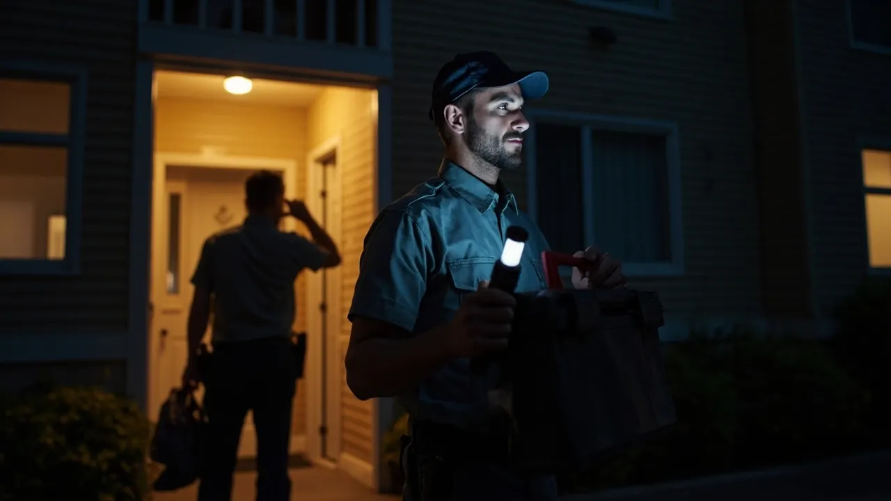 A residential apartment building at night with a property maintenance technician arriving for an after-hours tenant call