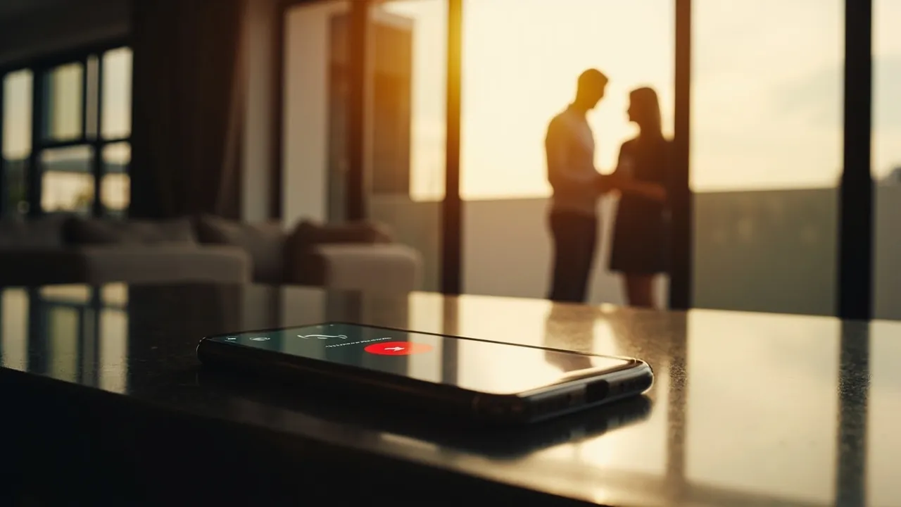 A smartphone on a staged home's kitchen island showing a missed call icon while buyers tour the home in the background