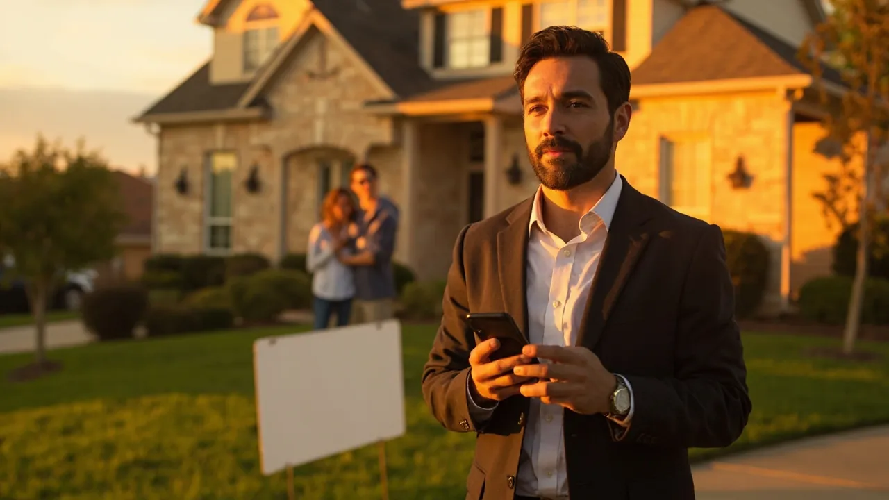 A real estate agent holding a smartphone outside a suburban home while buyers wait near the front porch