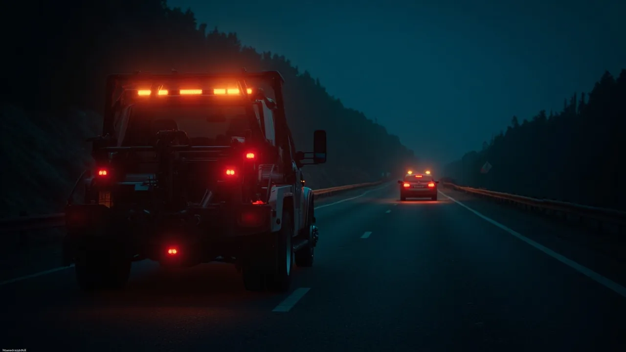 A tow truck with amber emergency lights on the side of a dark highway at night, a stranded sedan with hazard lights on