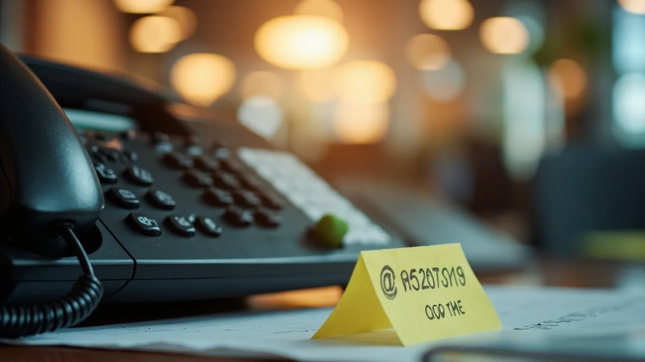 A business phone handset and keypad on a receptionist desk with warm lighting