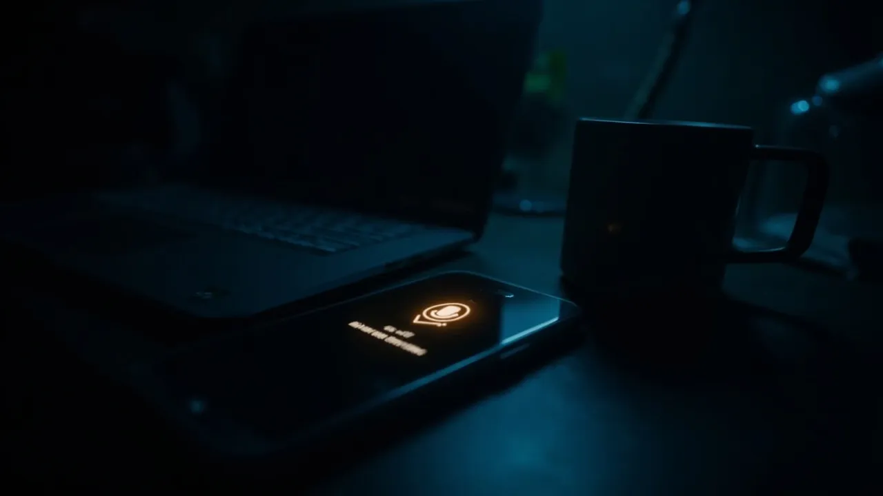A smartphone on a dark office desk at night showing a voicemail notification glowing on the lock screen