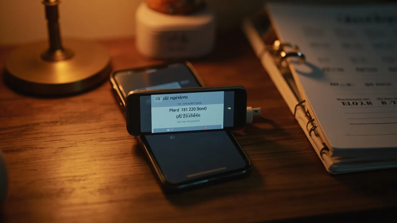 A smartphone on a wooden desk showing missed call notifications in the evening, with a wedding planning binder and date calendar nearby
