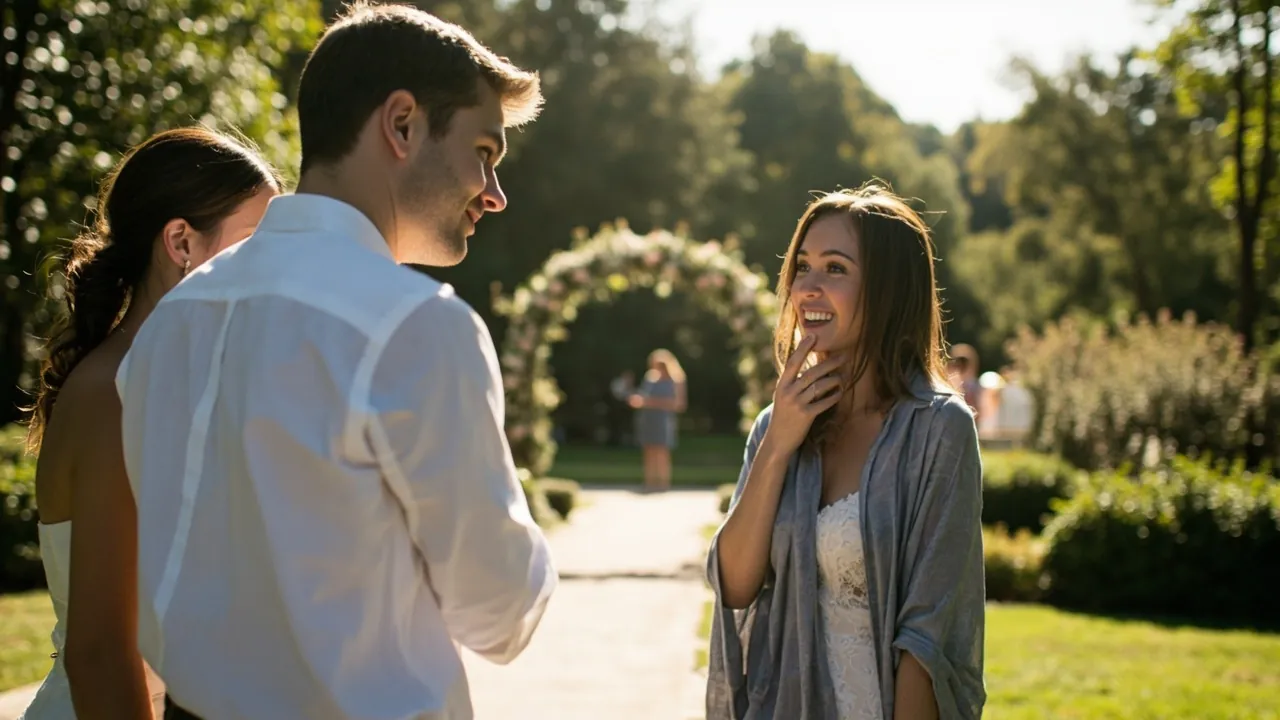 A wedding venue coordinator showing a couple around an outdoor garden ceremony space with a floral arch on a bright day