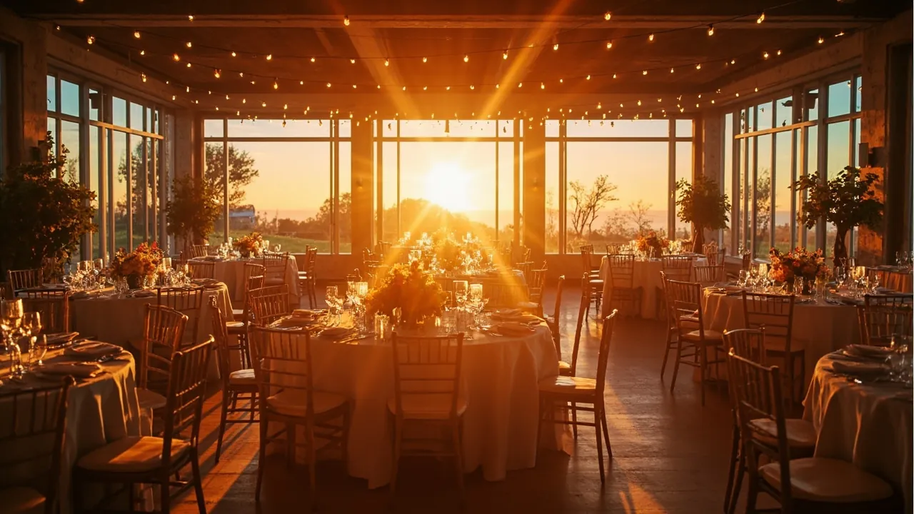 An elegant wedding venue reception hall at golden hour with round tables, white linens, floral centerpieces, and string lights overhead